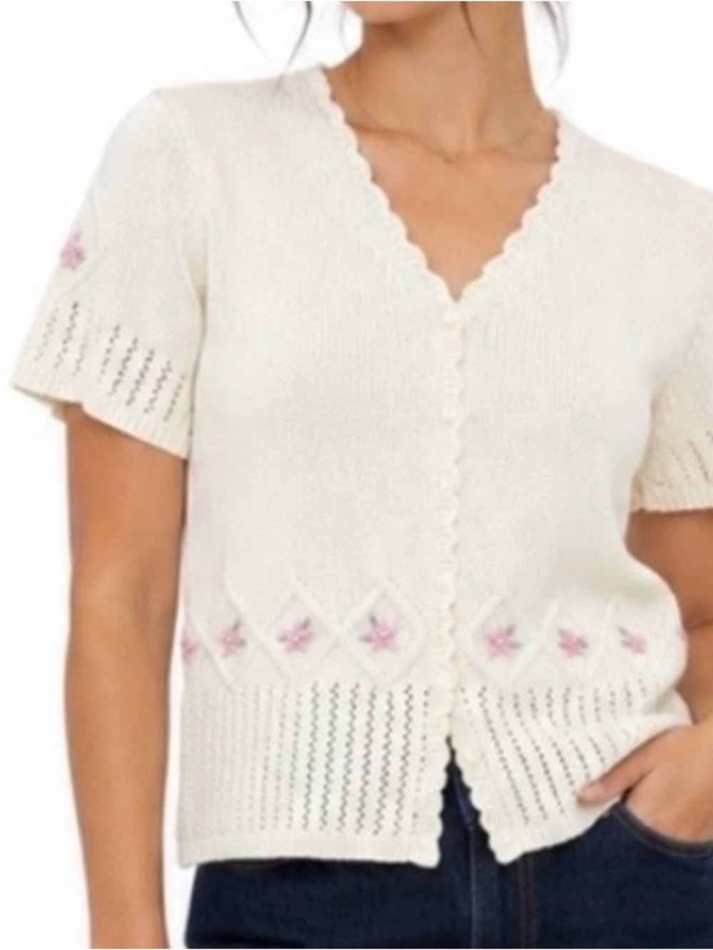 Vintage Embroidered Cardigan Sweater Floral Scallop S Cottagecore Grandma Chic